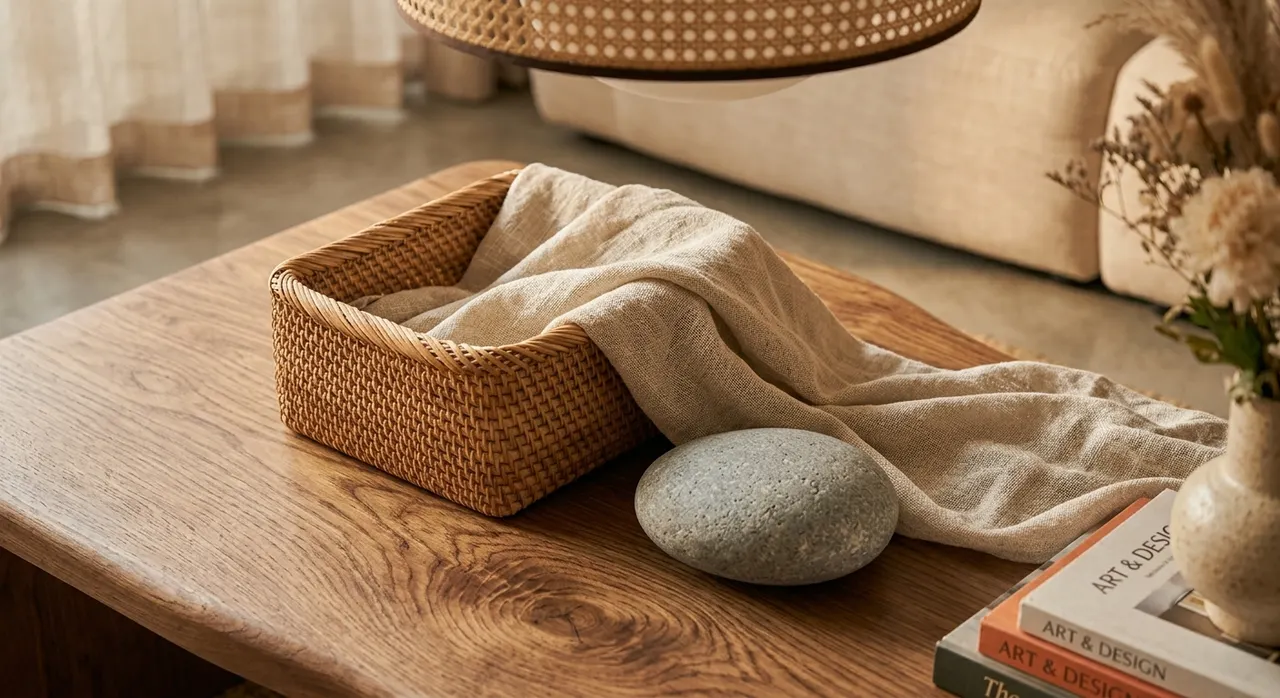 Góc trưng bày các vật liệu tự nhiên trong không gian sống hiện đại