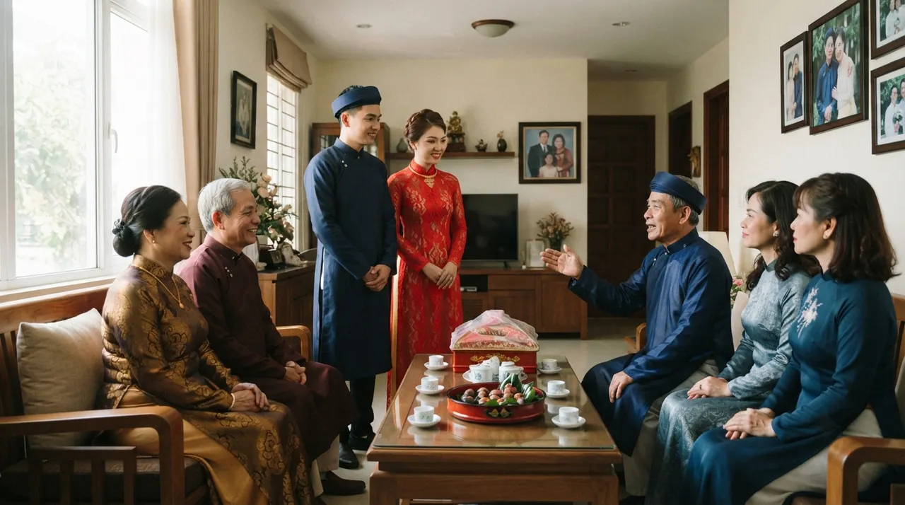 Hai họ ngồi nói chuyện trong lễ ăn hỏi tại nhà gái