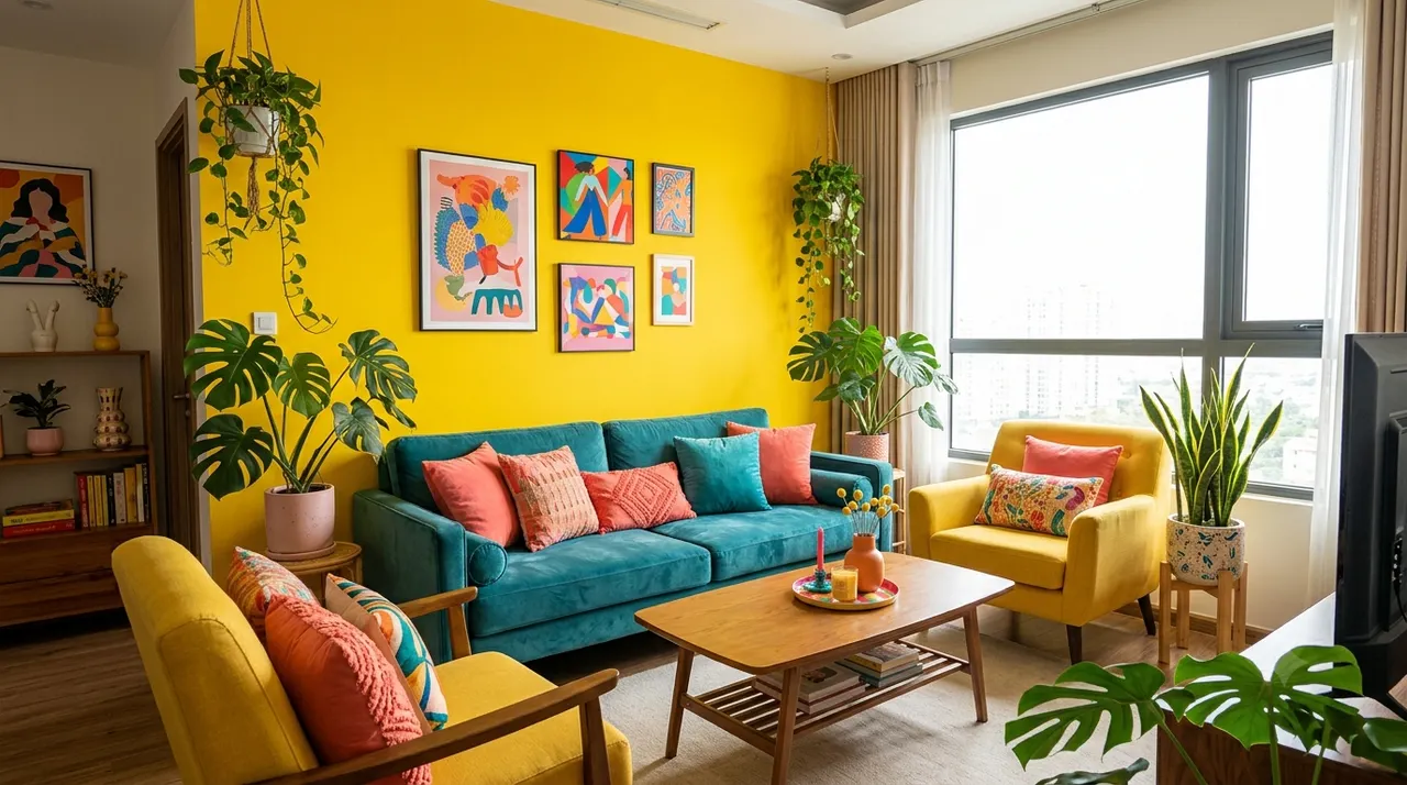 Không gian phòng khách áp dụng phong cách Dopamine Decor với tông màu tươi sáng