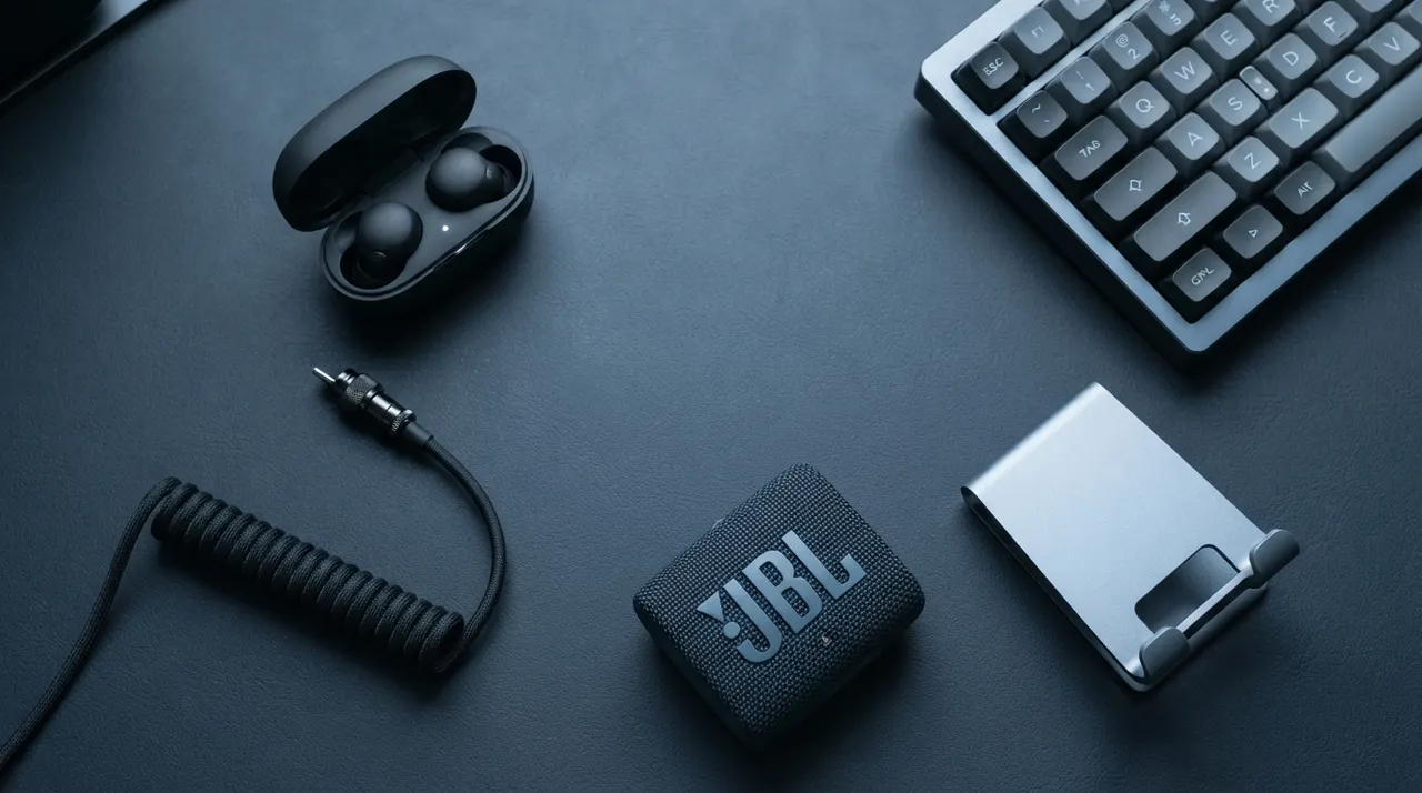 Các món quà công nghệ như tai nghe không dây, loa bluetooth bày trên bàn tối màu