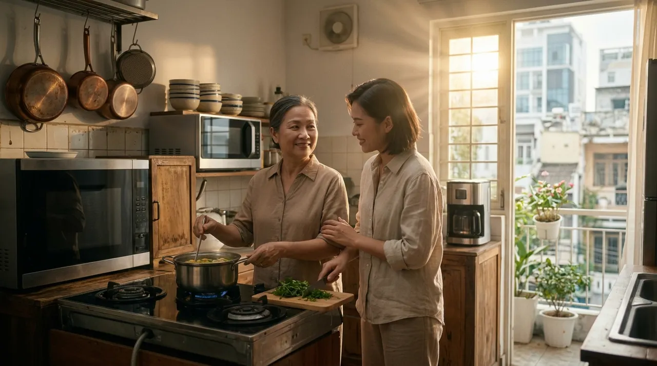 Người mẹ và con trò chuyện vui vẻ trong bếp ấm áp