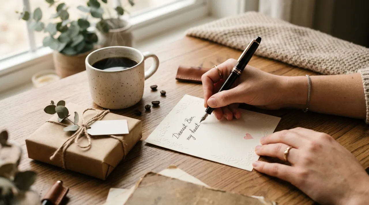 Người viết tay tấm thiệp Valentine bên cạnh cà phê và món quà nhỏ