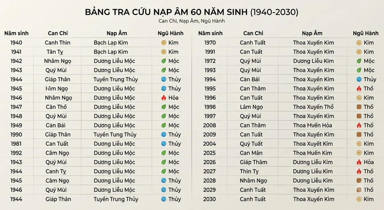 Bảng tra cứu nạp âm và ngũ hành theo năm sinh