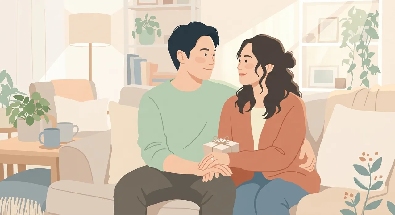 Couple sharing a tender moment on a couch, representing understanding love languages