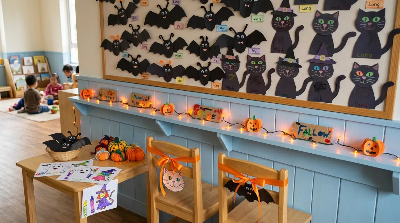 Đồ trang trí Halloween tự làm bằng giấy màu và ruy băng trong lớp học