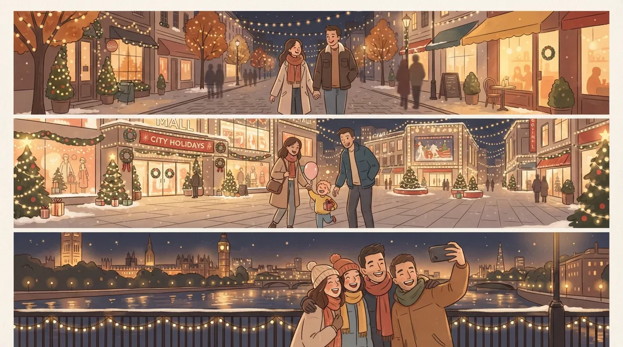 Ba nhóm đối tượng khác nhau đi chơi Noel trong thành phố