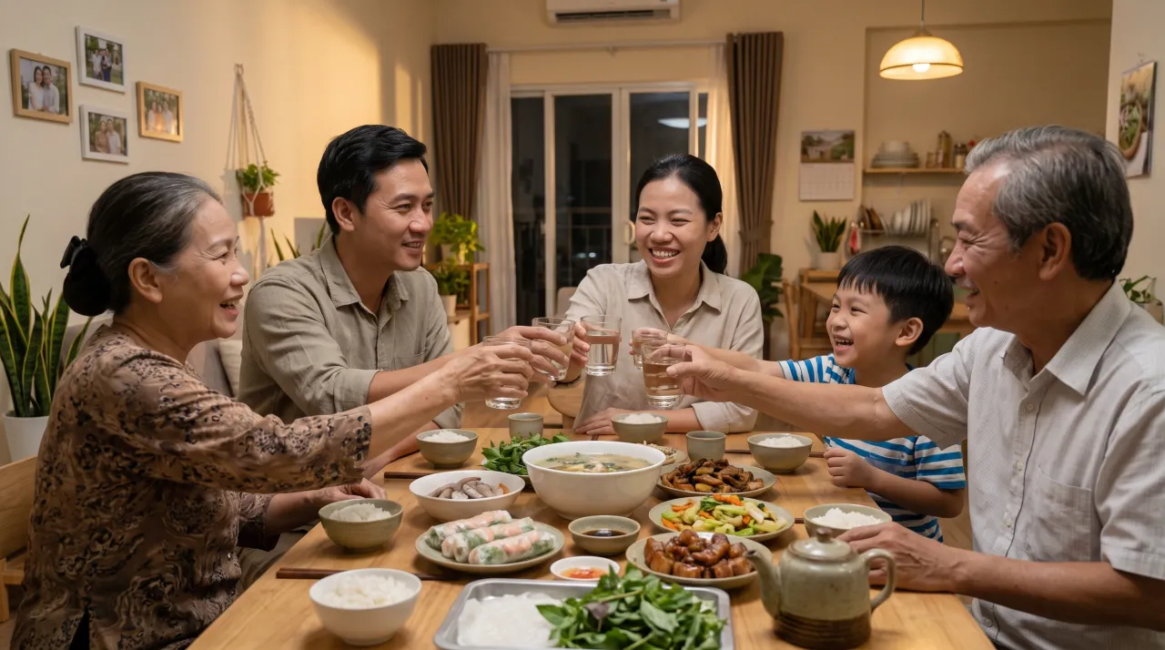 Cả nhà cùng dùng bữa và nói lời cảm ơn