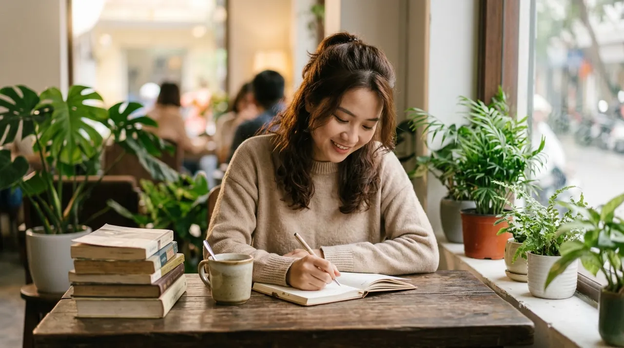 Người phụ nữ viết nhật ký giấy bên tách trà và sách