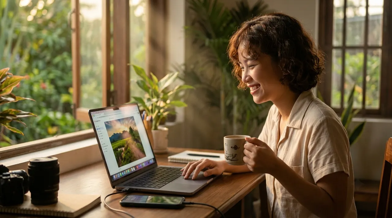 Người xem lại ảnh chụp bằng điện thoại trên laptop