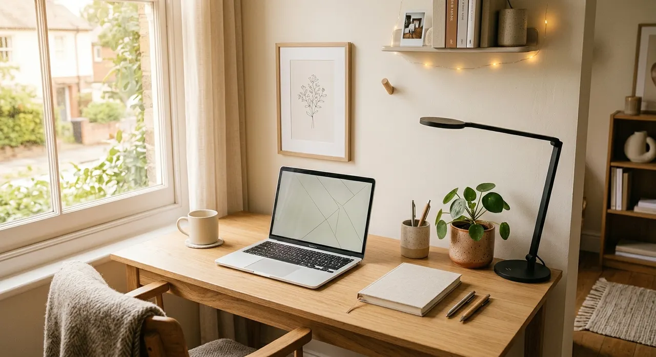 Góc học tập tối giản gọn gàng với bàn gỗ và ánh sáng tự nhiên