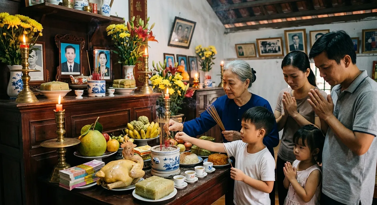 Gia đình Việt thắp hương cúng tổ tiên