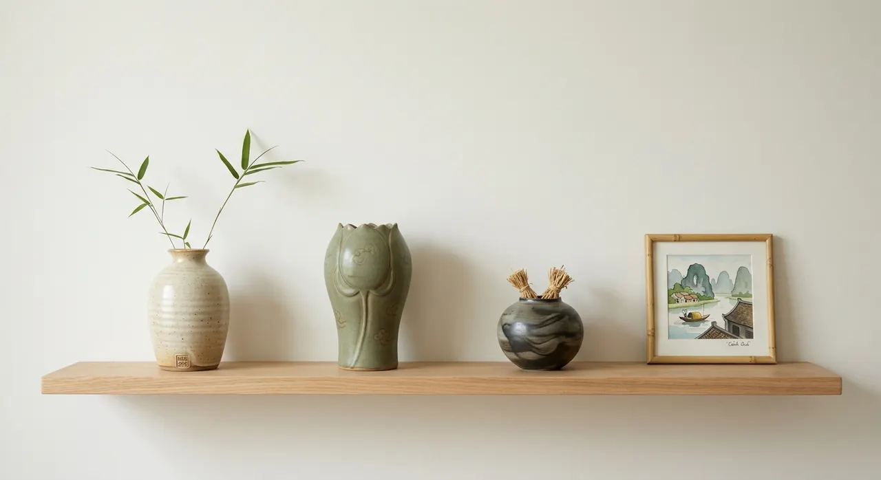 Kệ Minimalist với vài món gốm thủ công và tranh