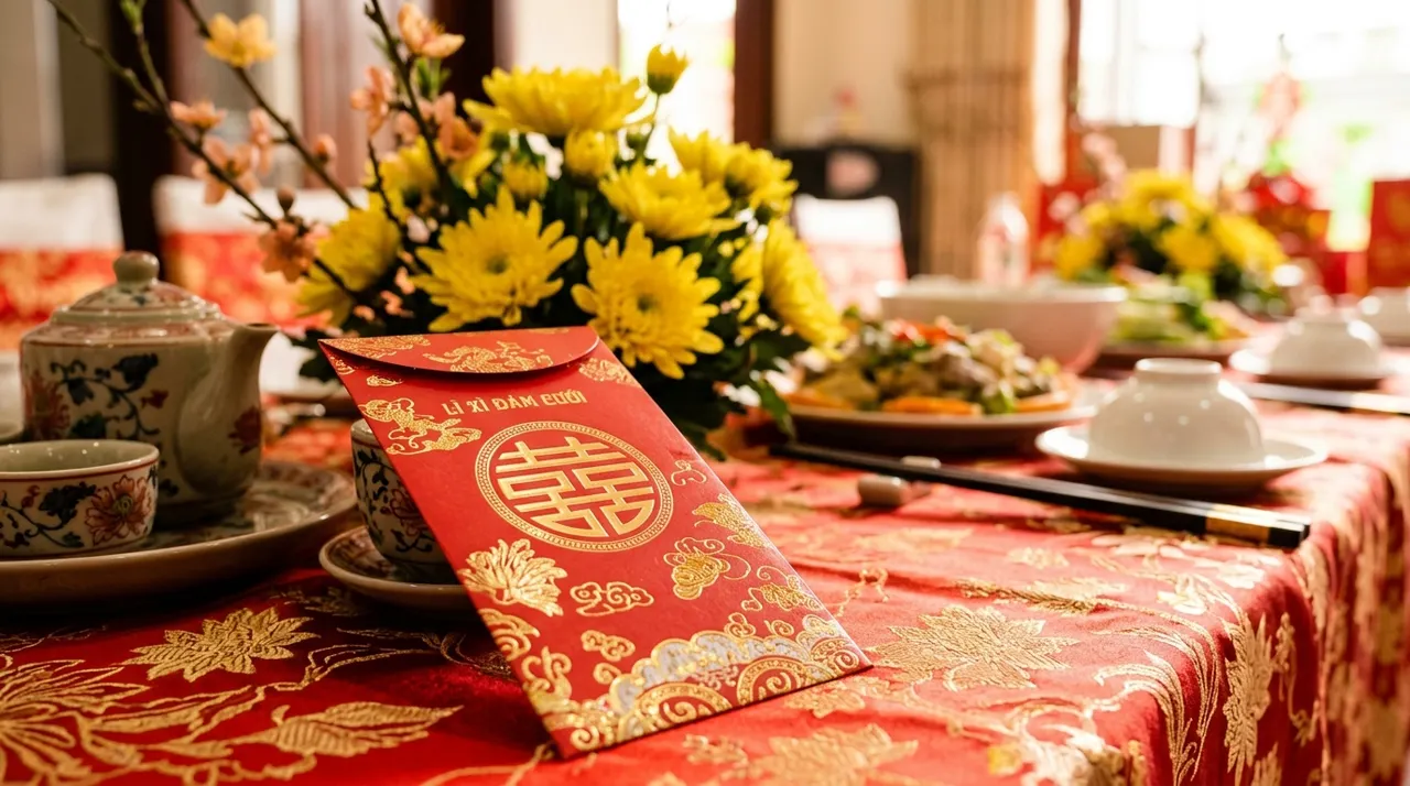 Phong bì mừng cưới màu đỏ trên bàn tiệc cưới truyền thống Việt Nam
