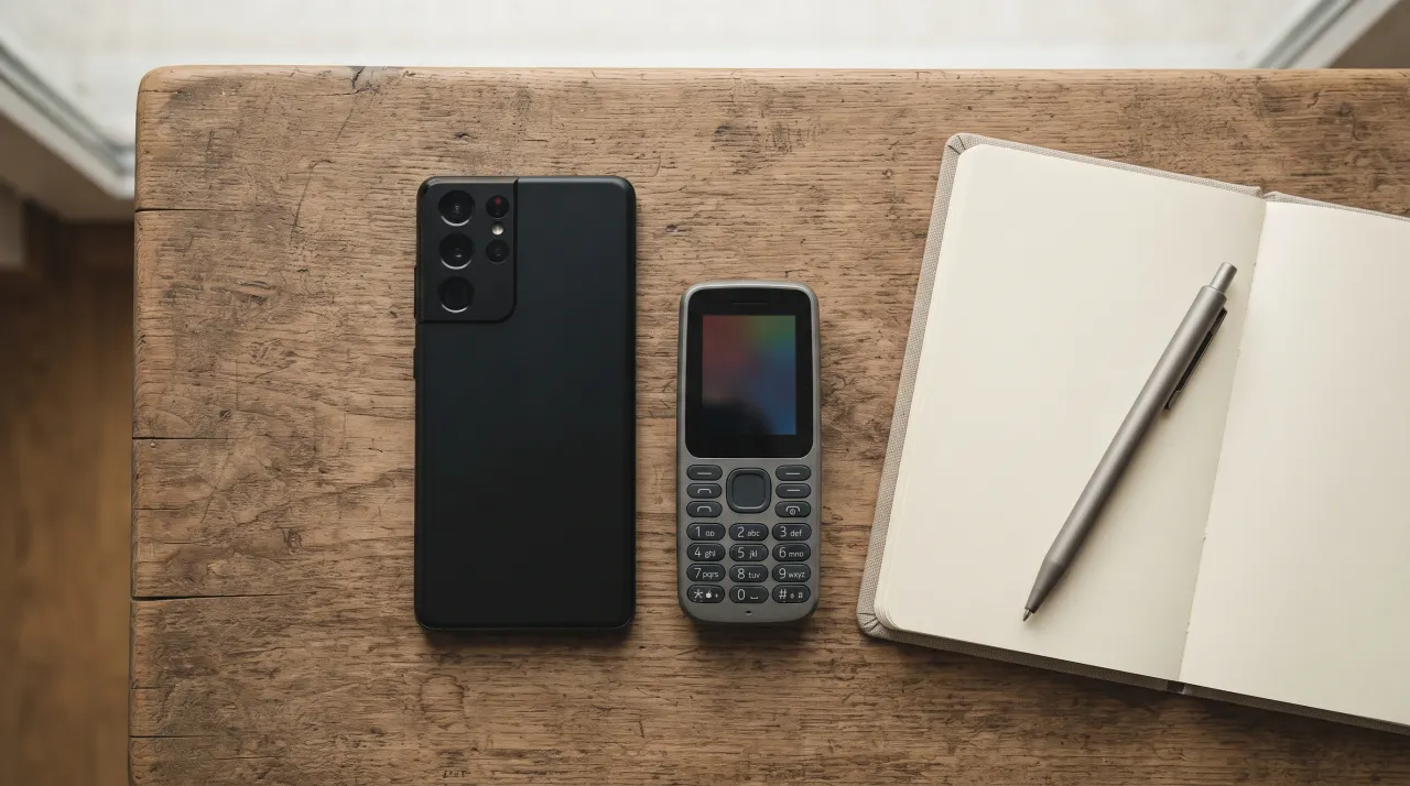 so sánh smartphone và điện thoại cục gạch trên bàn