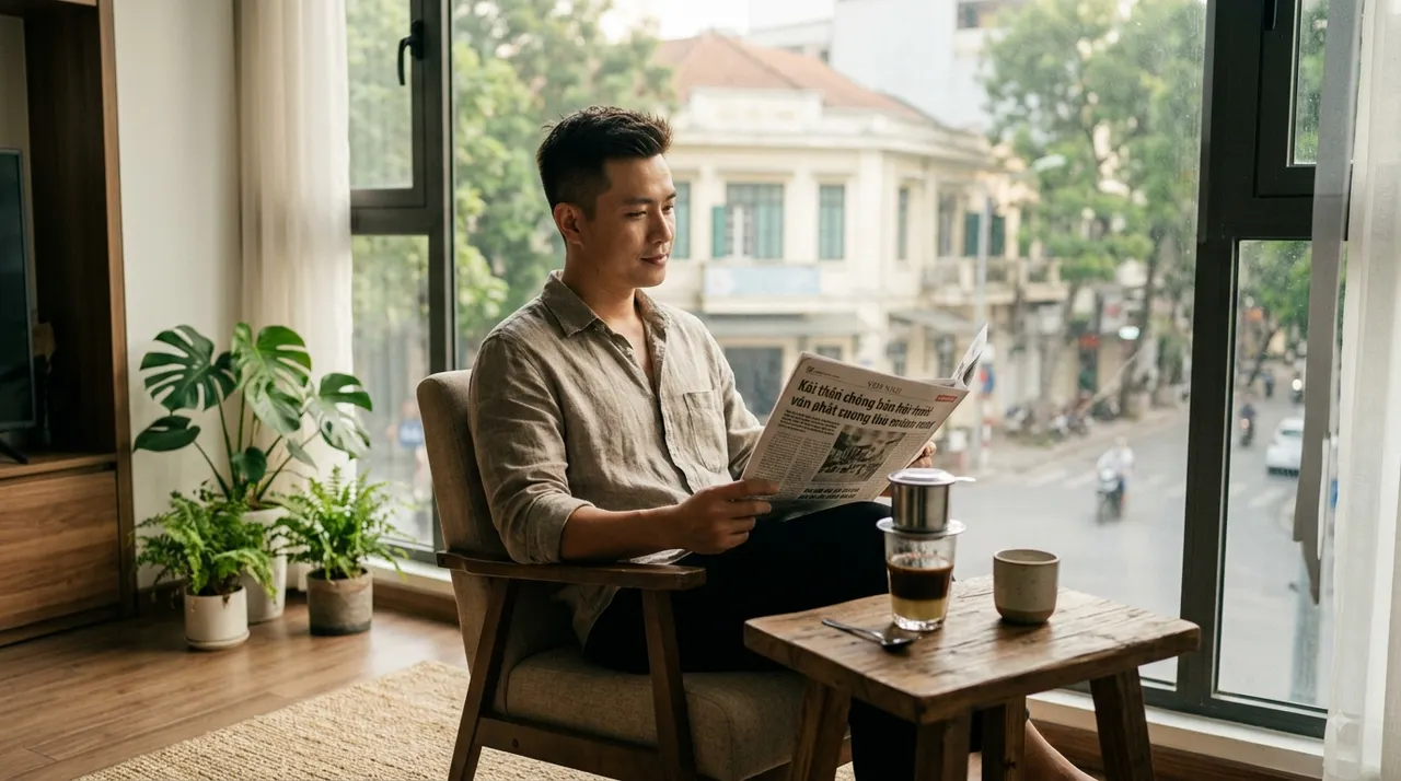 Người đàn ông đọc báo giấy bên cà phê sáng