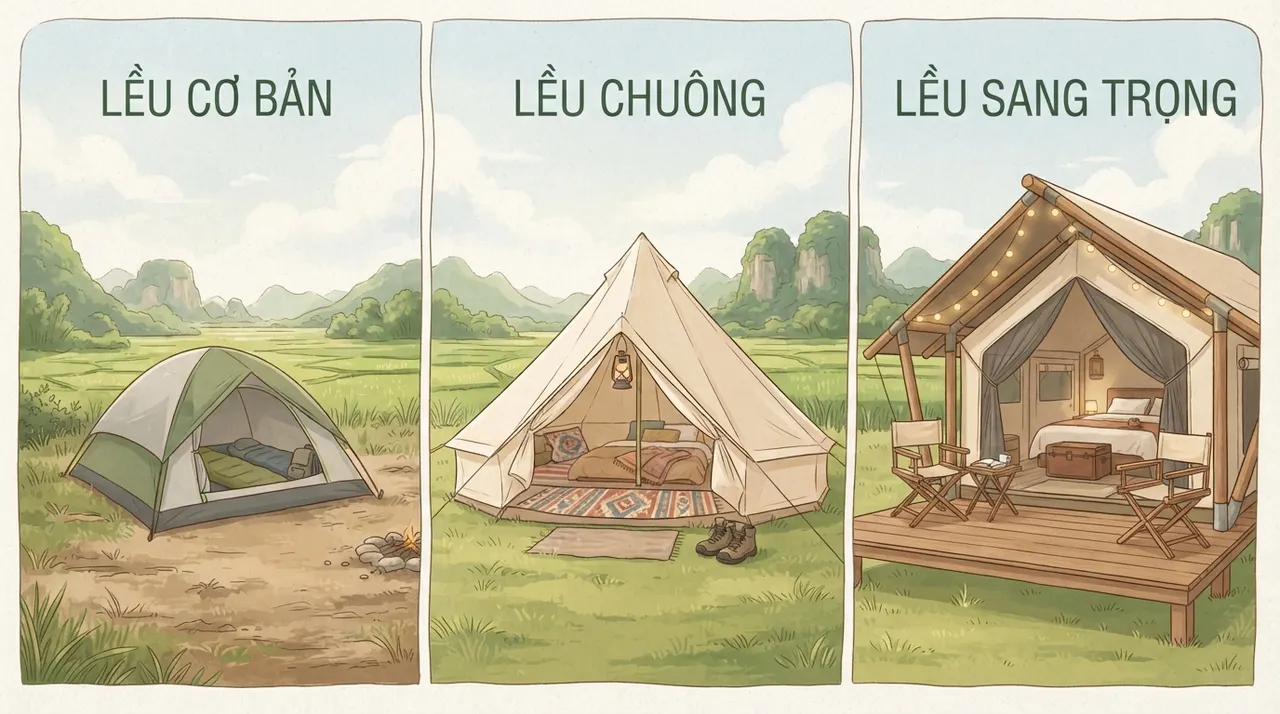So sánh ba mức cắm trại từ tự túc đến glamping tiện nghi