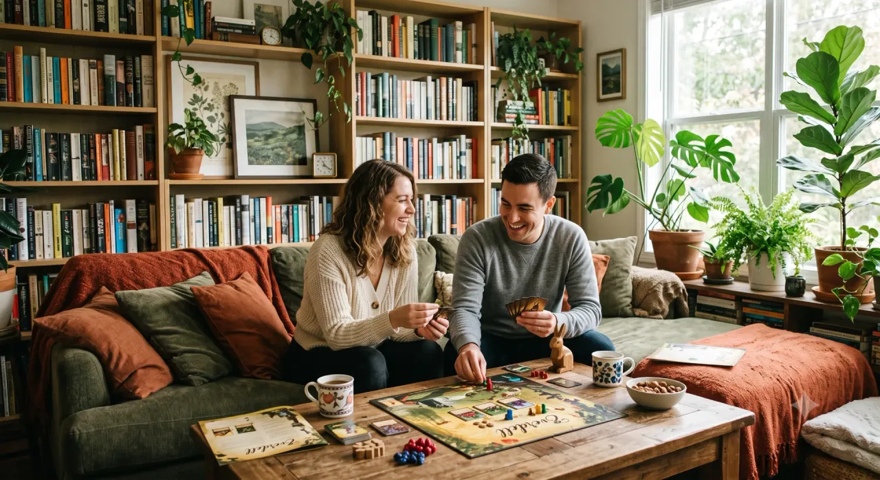 Cặp đôi chơi board game bên nhau trong ngày không công nghệ