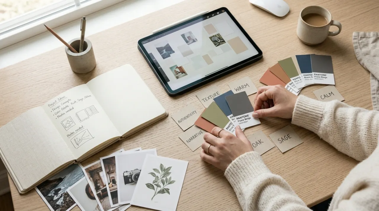 Người chuẩn bị bảng màu và ghi chú từ khóa trước khi làm moodboard