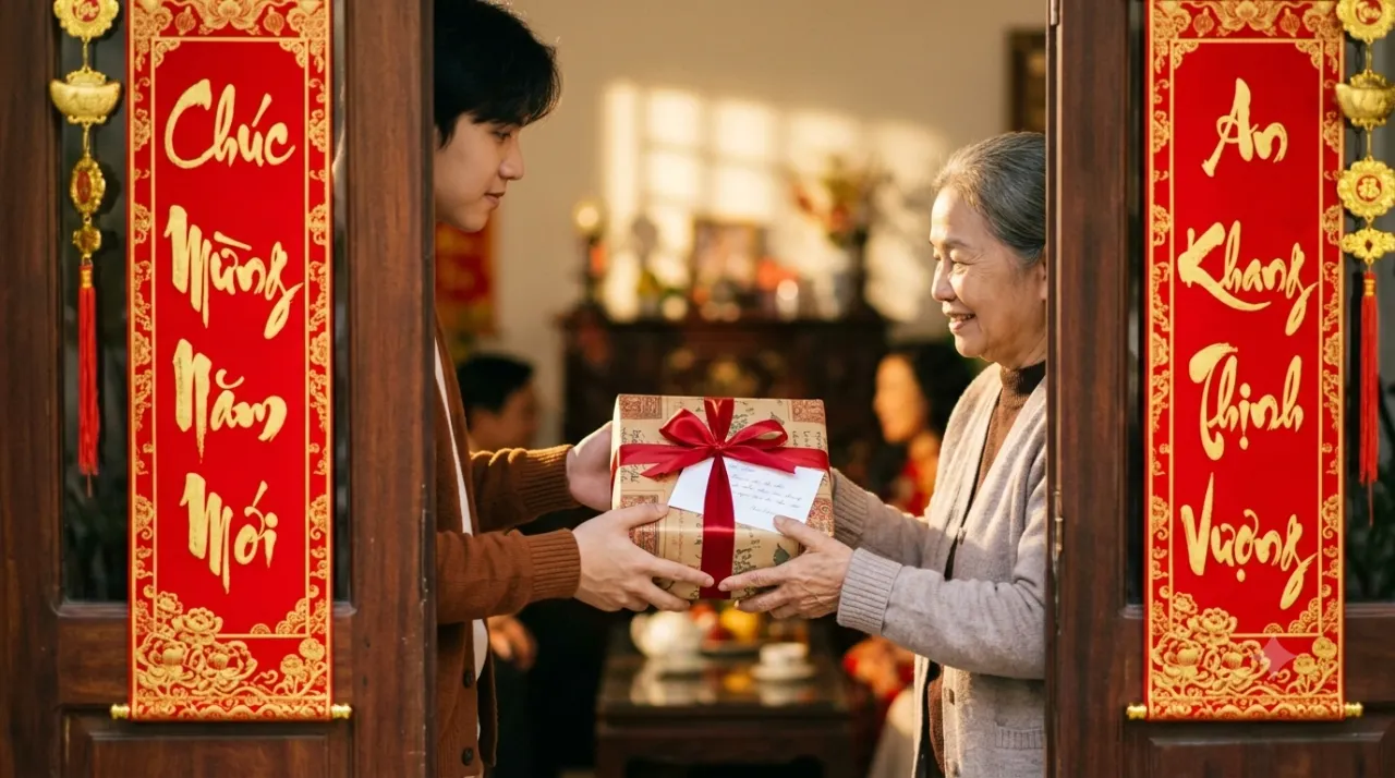 Trao quà Tết tại cửa nhà có trang trí câu đối đỏ