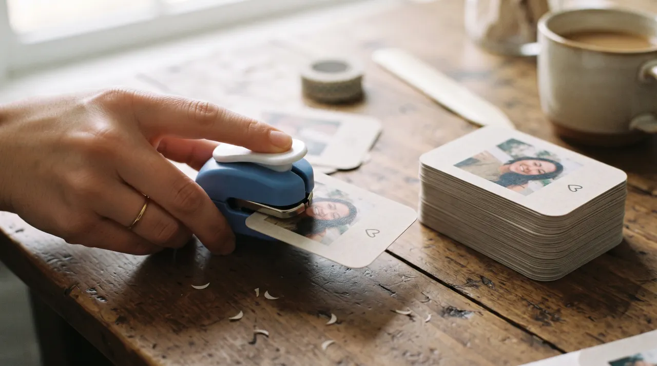 Máy bấm bo góc mini cầm tay đang cắt góc một tấm card bên cạnh vài tấm hoàn thiện
