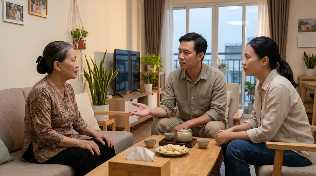 Người chồng trao đổi với mẹ và vợ trong phòng khách