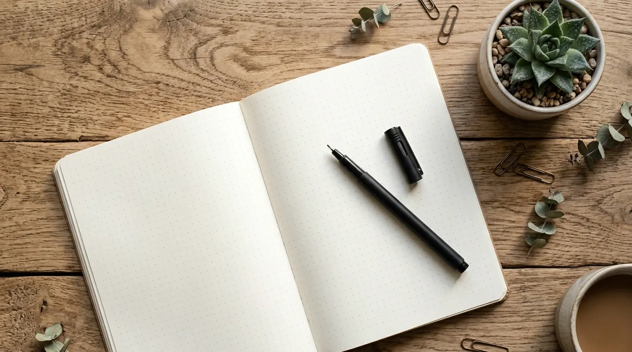 Một cuốn sổ dot grid và bút trên bàn gỗ