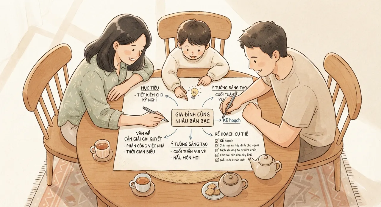 Gia đình ngồi cùng nhau bàn bạc giải pháp trên tờ giấy