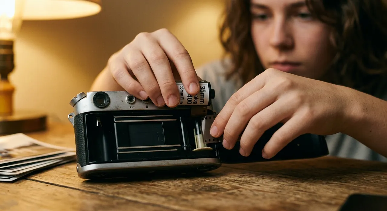 Đang lắp cuộn phim 35mm vào máy ảnh cũ