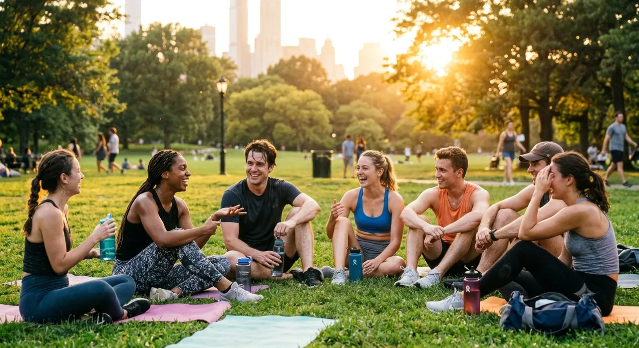 Young adults socializing after sports activity