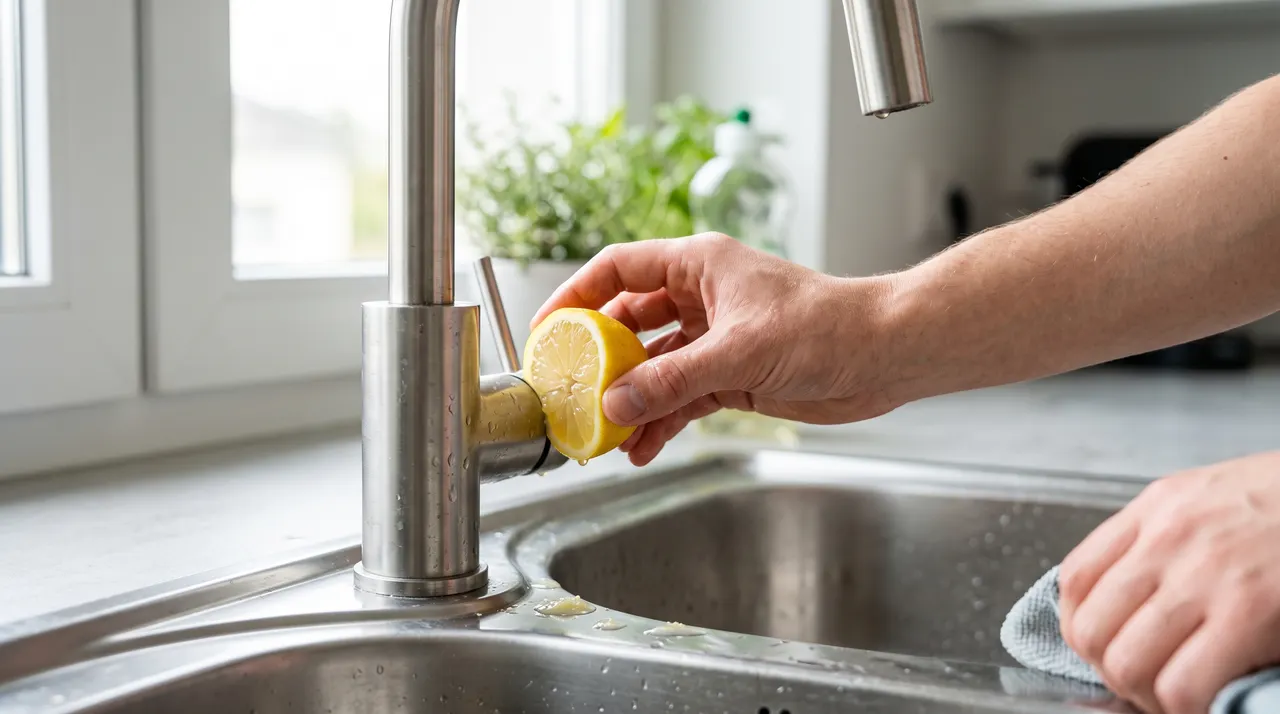 Dùng chanh lau sáng vòi nước và bồn rửa inox