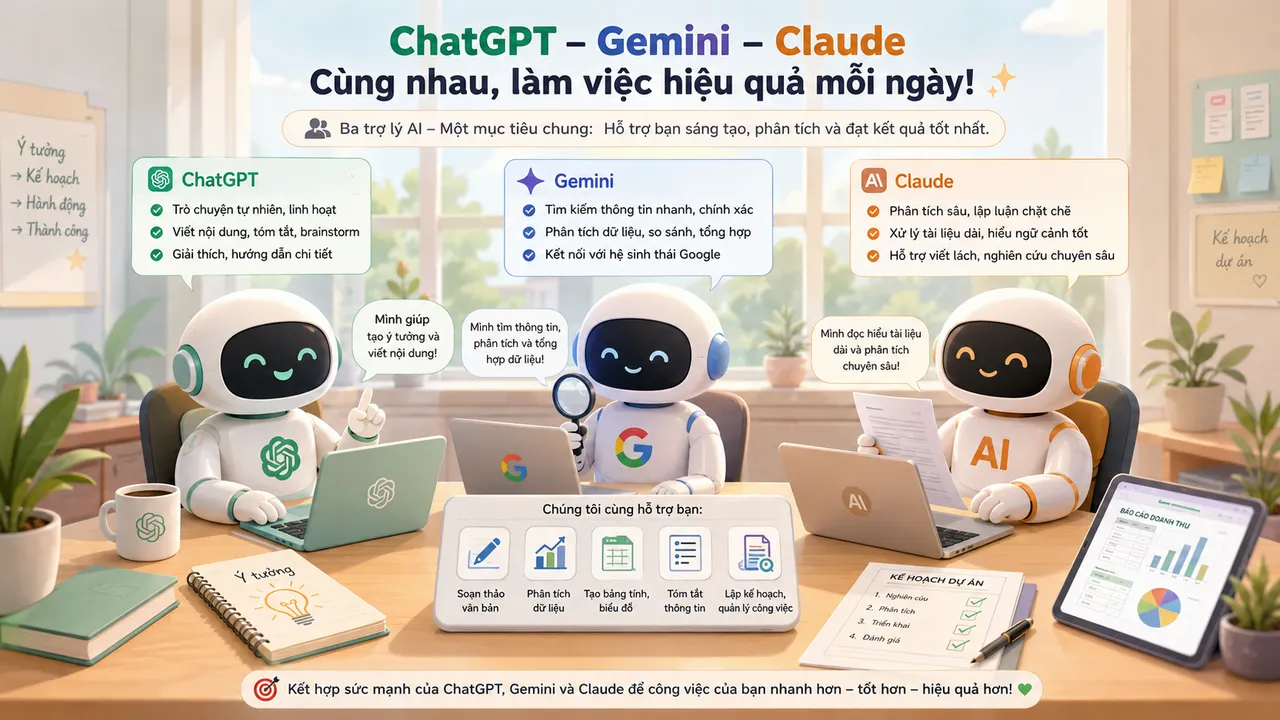 Tổng kết ChatGPT Gemini Claude văn phòng 2026