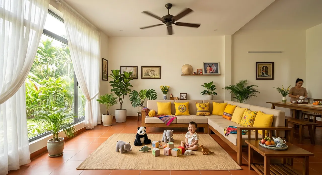 Không gian phòng khách Việt Nam áp dụng Dopamine Decor phù hợp khí hậu nhiệt đới