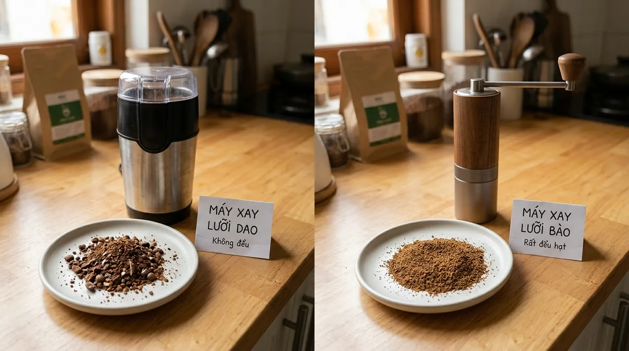 So sánh kết quả xay của grinder lưỡi dao và grinder đá mài