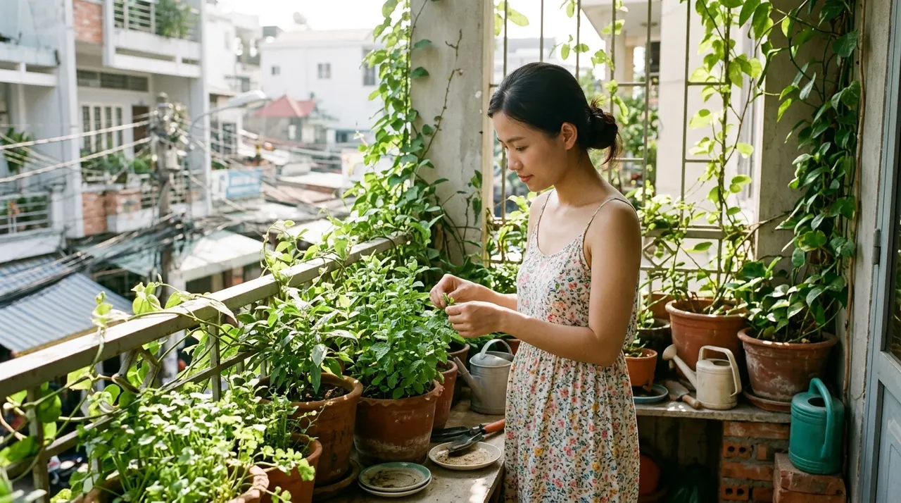 Cô gái trẻ Việt Nam trong chiếc váy hoa ở vườn ban công