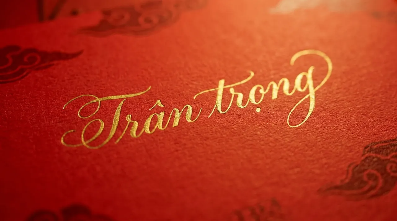Phong bì đỏ cưới với dòng chữ Trân trọng được viết tay