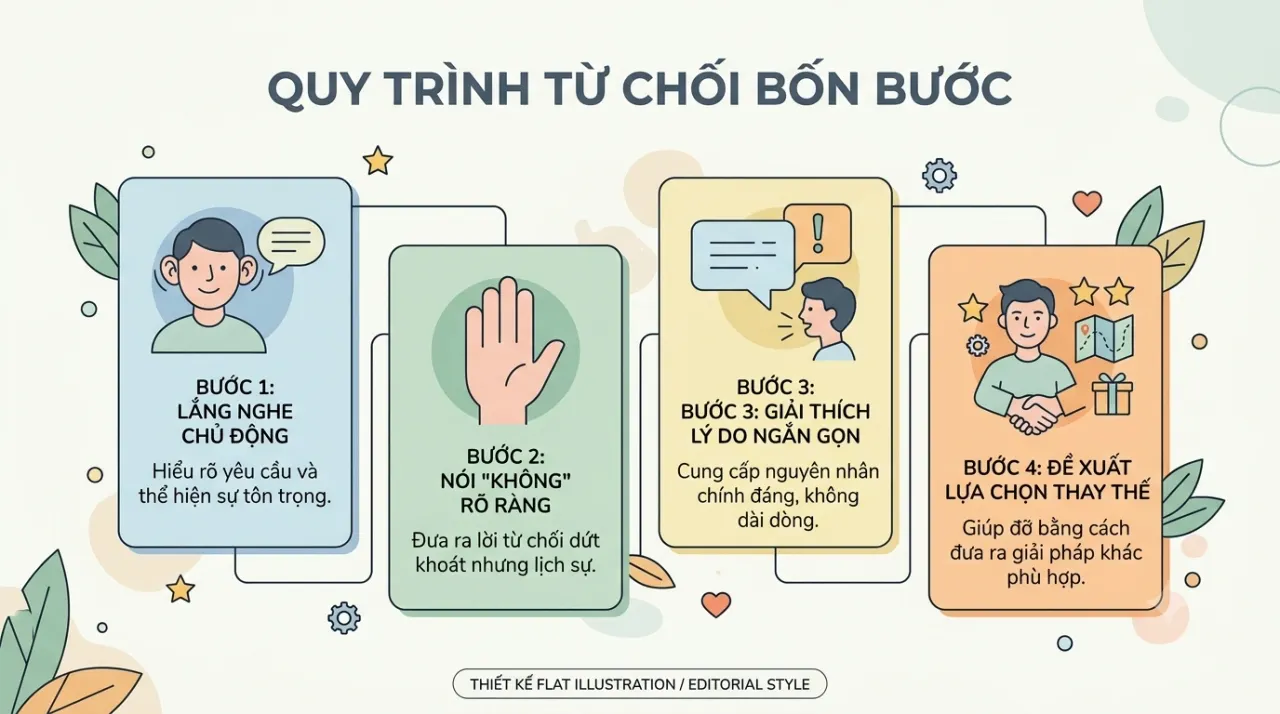 Sơ đồ minh họa cấu trúc 4 bước của một lời từ chối khéo léo