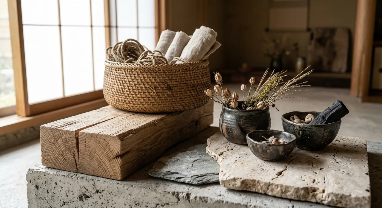 Các vật liệu thô mộc đặc trưng của phong cách Wabi Sabi