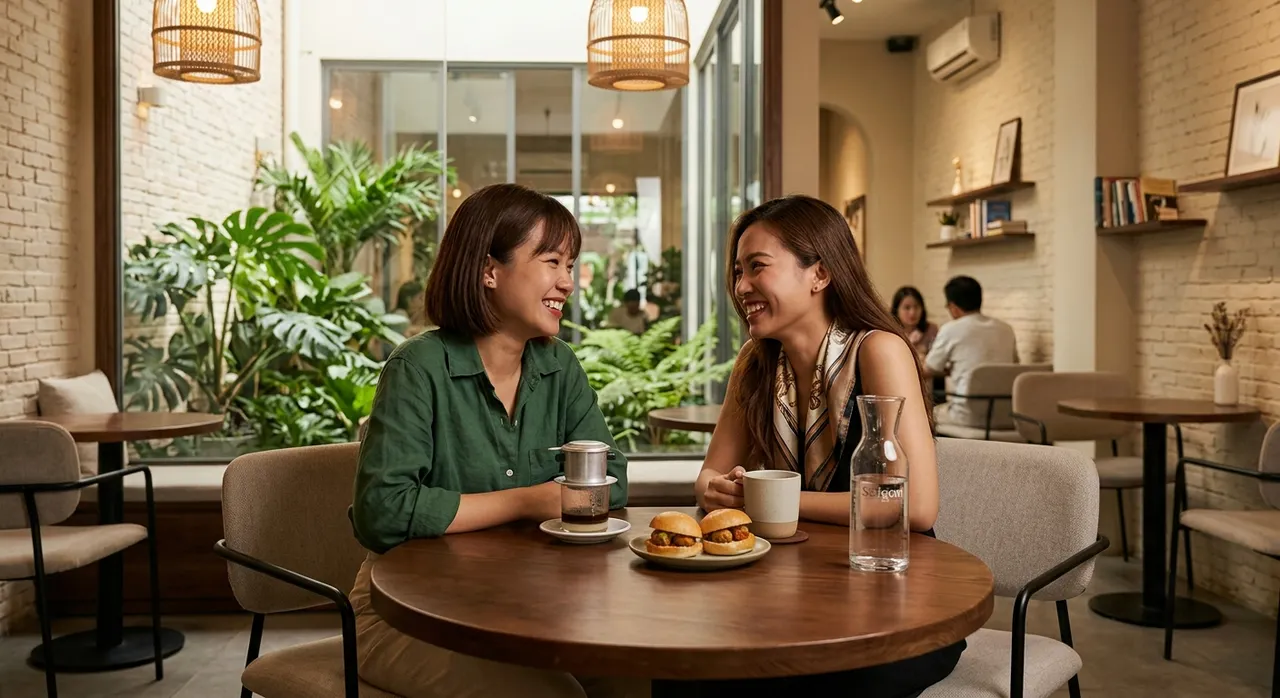 Hai người bạn trò chuyện chân thành trong không gian yên tĩnh