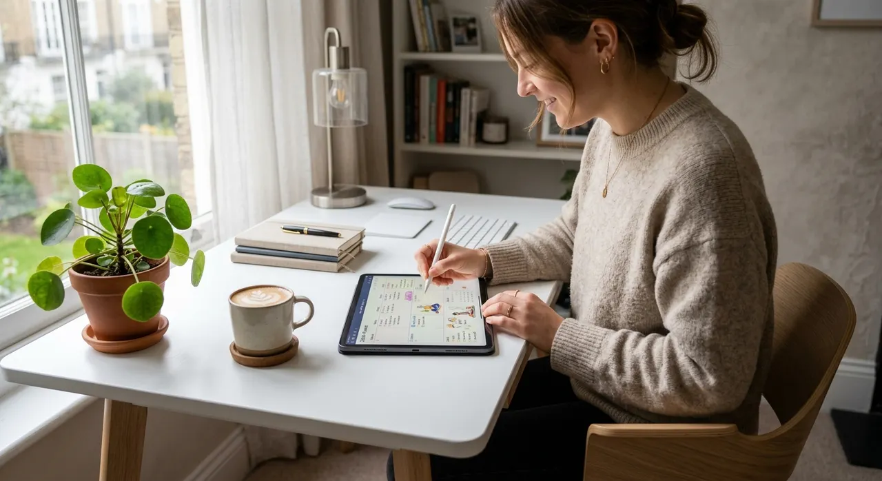 Một người đang sử dụng planner kỹ thuật số trên tablet tại bàn làm việc tối giản