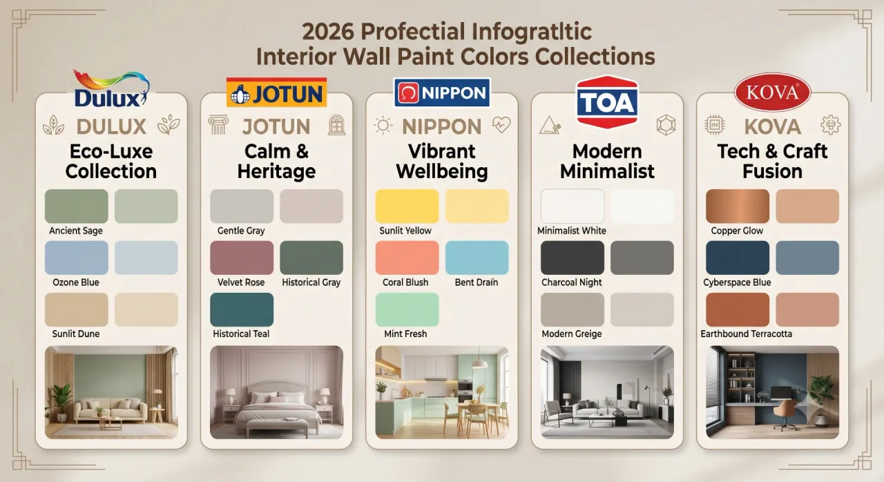 Bảng màu sơn nội thất 2026 từ các thương hiệu Dulux, Jotun, Nippon, TOA, KOVA