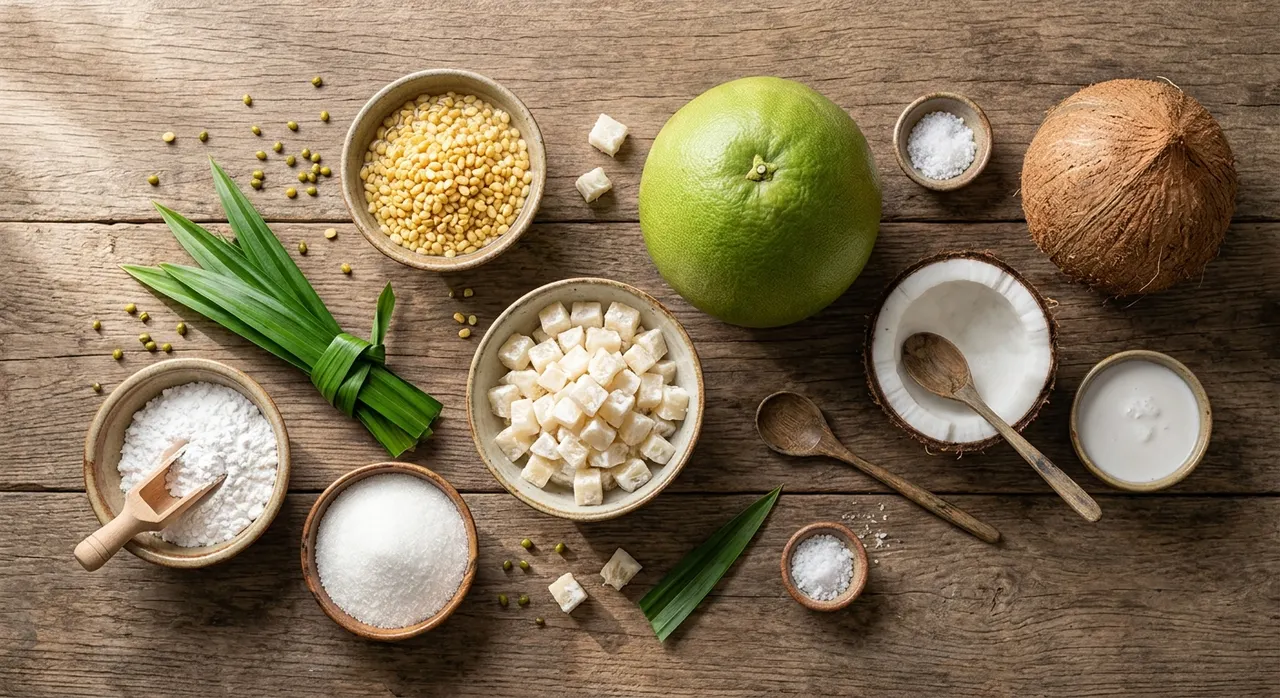nguyên liệu nấu chè bưởi gồm bưởi, đậu xanh, bột năng, đường, lá dứa, nước cốt dừa