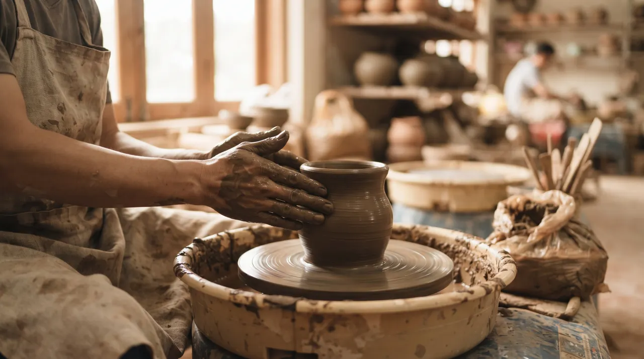 Đôi tay vuốt gốm trên bàn xoay trong workshop