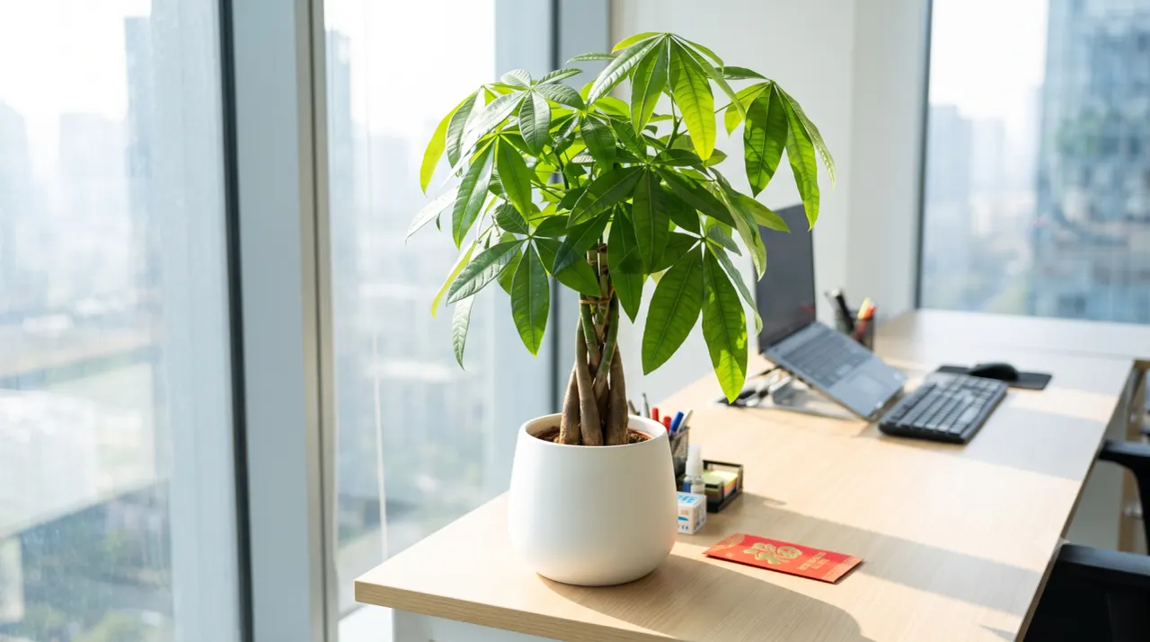 Cây kim tiền đặt trên bàn văn phòng