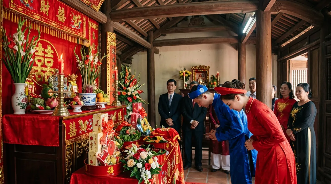 Lễ thành hôn trước bàn thờ gia tiên