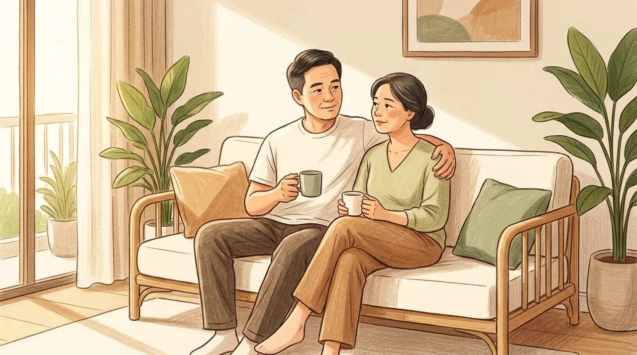 Vợ chồng ngồi nói chuyện bình yên trong không gian ấm cúng