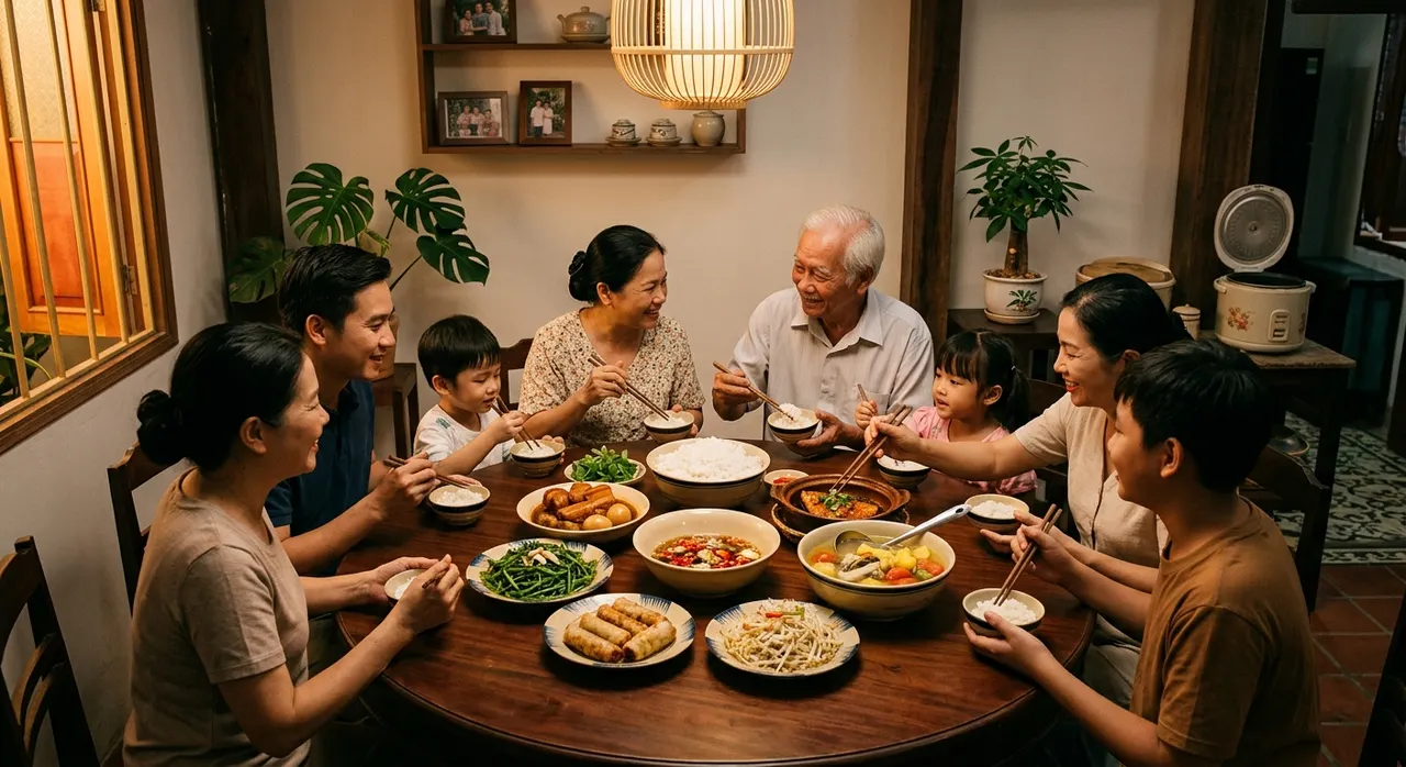 Bữa cơm gia đình ấm cúng không có thiết bị điện tử