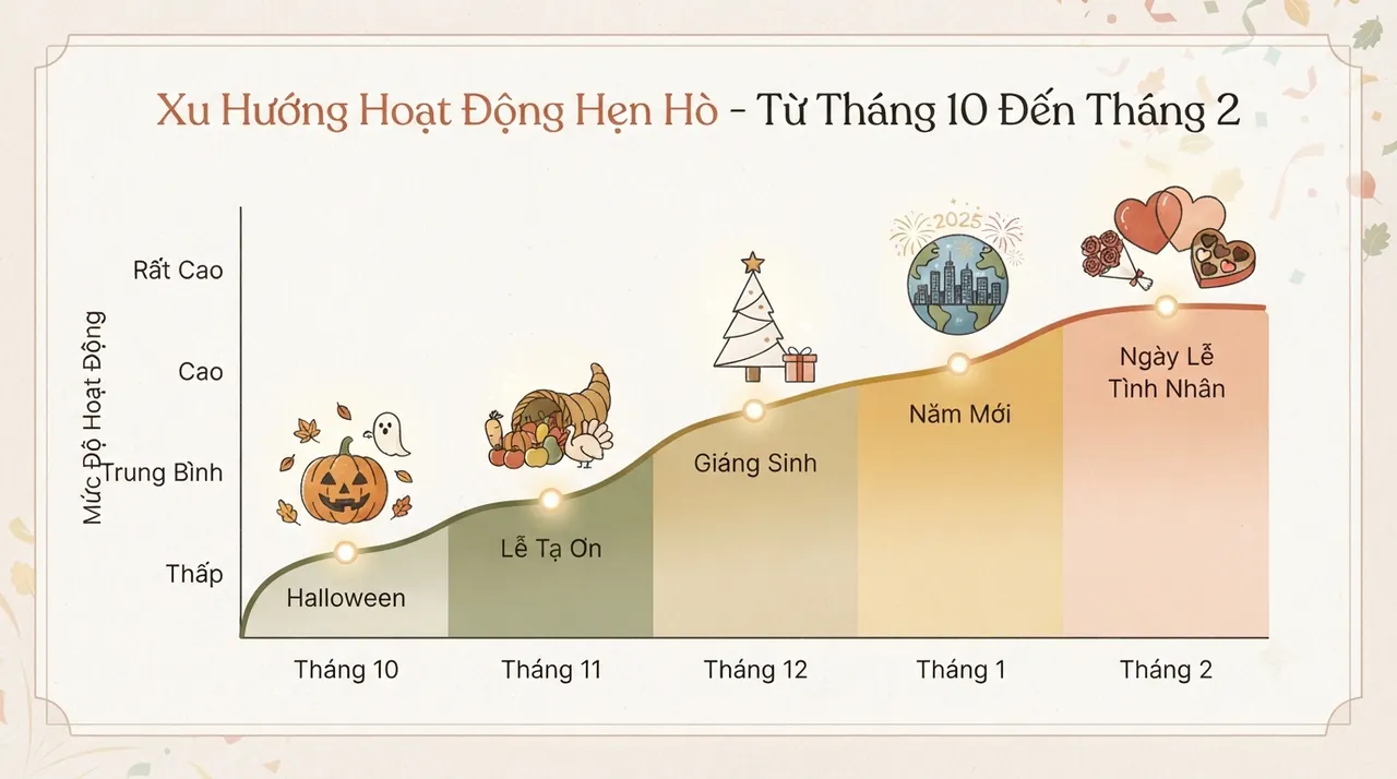 Biểu đồ minh họa hoạt động hẹn hò tăng từ tháng 10 đến tháng 2