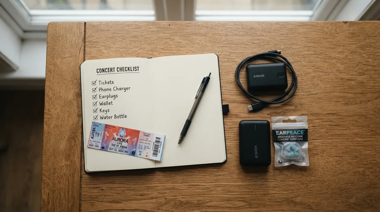 Checklist ghi tay bên cạnh vé concert và sạc dự phòng