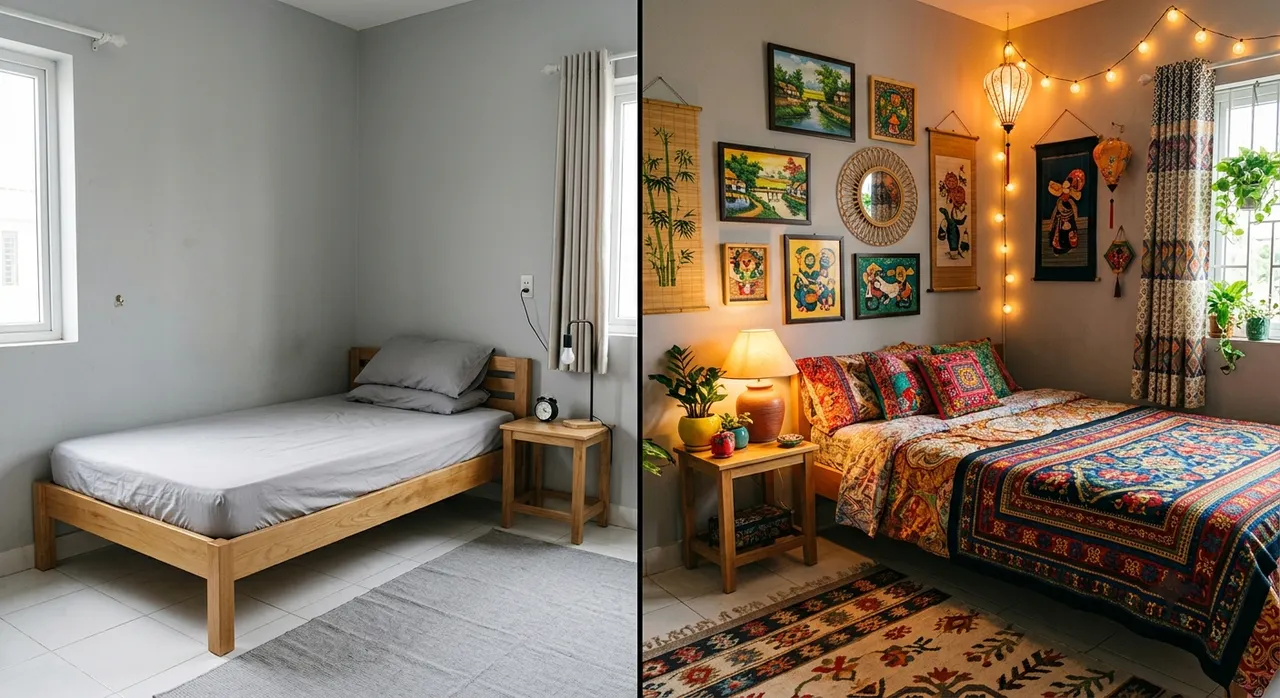 So sánh trước và sau khi áp dụng Dopamine Decor cho phòng ngủ