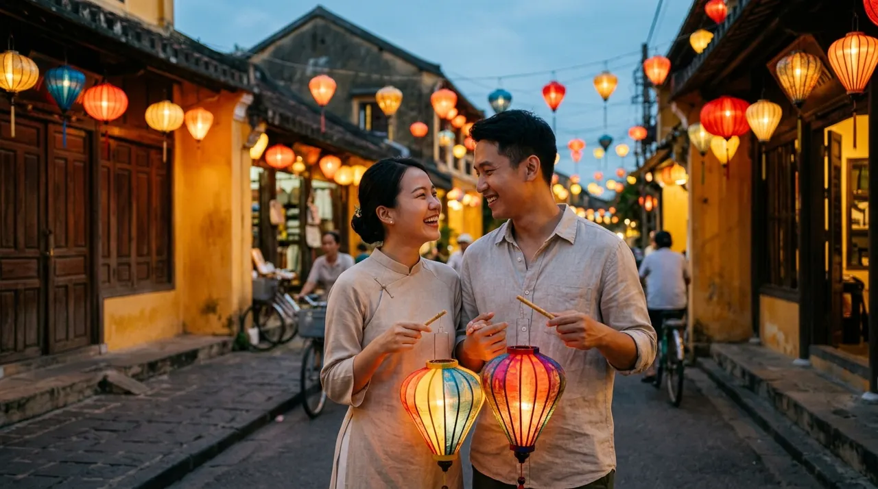 Cặp đôi cầm đèn lồng dịp Trung Thu